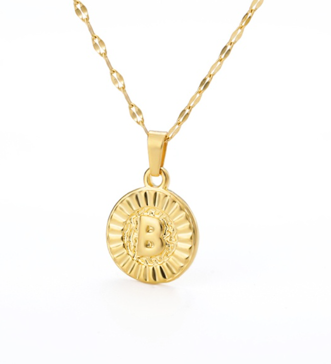Maxzone A-Z Initial Round Letter Pendant Necklace For Women Stainless Steel Gold Choker Coin Letter Necklace B
