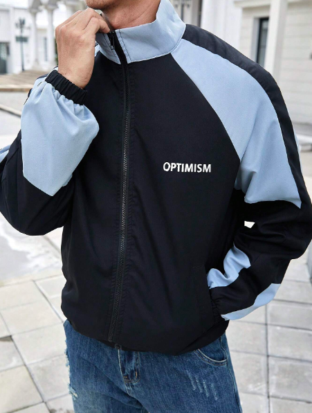 Manfinity Hypemode Men's Black & Blue Letter Patchwork Zip-Up Jacket