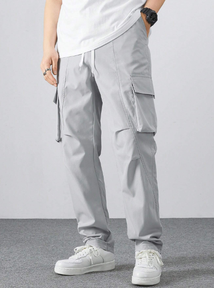 Manfinity Homme Men's Drawstring Waist Cargo Pants Long Plain Light Grey Going Out