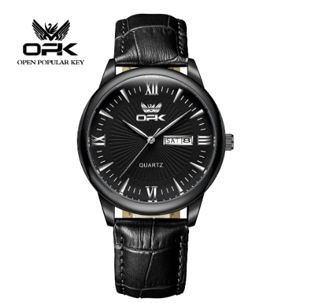 OPK Men's Watch Waterproof Original Quartz Calendar Belt Watch BLACK DIAL  BLACK METAL LEATHER STRAP