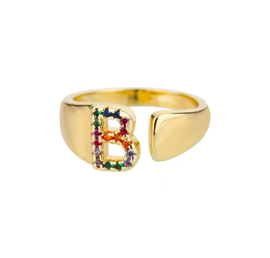 Maxzone Fashion Colorful Chunky Wide Letter A-Z Rings For Women Gold Opening Initial Letter Ring Femme Wedding Party Jewelry B