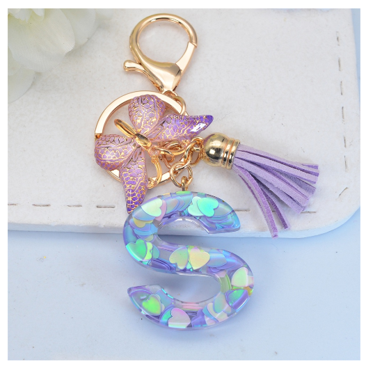 Sparkling 26 Letter Keychain With Butterfly Pendant Exquisite Heart Sequin Filled A-Z Initials Keyrings Bag Pendant Charms Gifts S