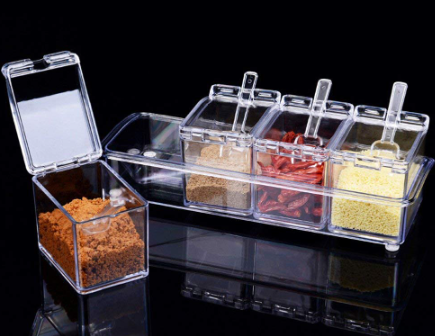 Clear Seasoning Rack Spice Pots - 4 Piece Seasoning Box Storage Container Condiment Jars