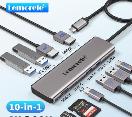 Lemorele USB C 10-in-1 Multi-Port Adapter 100wPD Dual 4kHDMI USB3.0 SD/TF Data for Macbook Ipad Chromecast Switch Ps4 Steam Windows