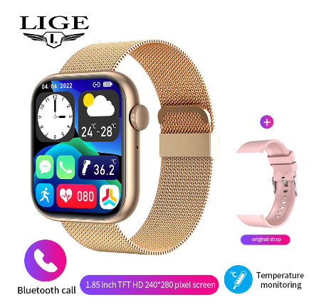 LIGE HD Screen Smart Watch 100+ Sport Modes Thermometer Fitness Health Heart Rate Monitor 1.85 inch Bluetooth Call Digital QX7 Watch MESH ROSEGOLD