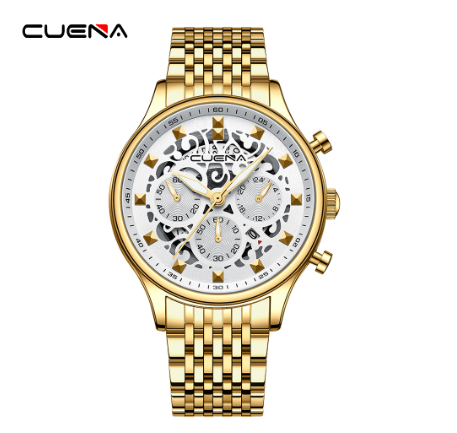 CUENA Original Brand New Men's Watches Mechanical Unique Style Creative Design Dial Stainless Steel Fashion Casual Business Sport Watch GOLD WHITE