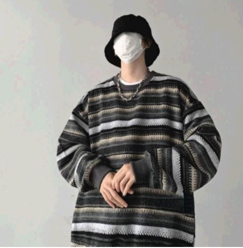 Korean Retro Striped Sweater Winter Fashion All-match Knitted Top Men's Loose Crew Neck Shirt Casual Lazy Pullover Shirts for Man