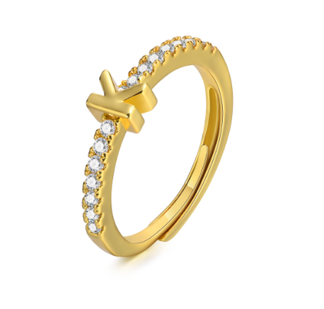 Vnox 26 Lettes Gold Luxury Ring,Shiny Zircon Initial Ring,Opening Adjustable Rings for Women K