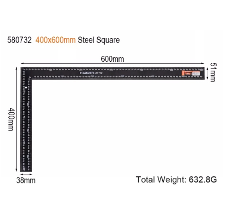 Harden 580732 40x60cm Inches/Mm Steel Square Measuring Tools Metal Ruler