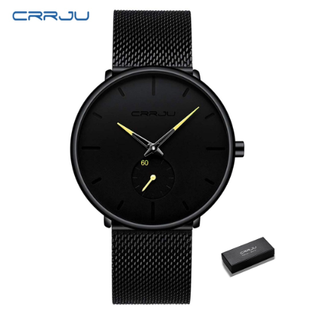 CRRJU Men's Fashion Black Stainless Steel Wrist Watch Waterproof Business Dress Watch for Men 2150S M24