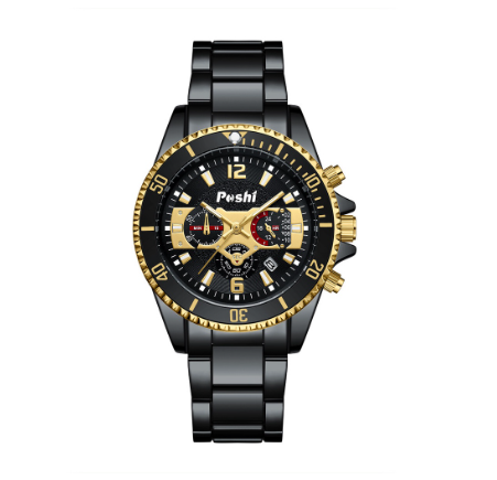 POSHI Original Men Watch High Quality Classic Stainless Steel Sports Quartz Waterproof Fashion Wristwatch GOLD BLACK