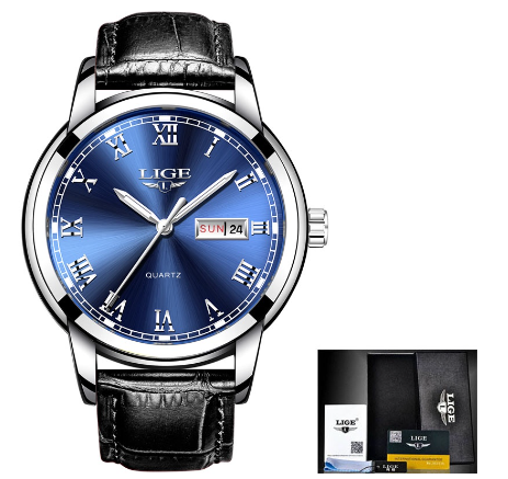 LIGE Watch For Couple Original Waterproof Stainless Steel Silver/Gold Fashion Business Trend Calendar Luminous Watches LEATHER SILVER BLUE