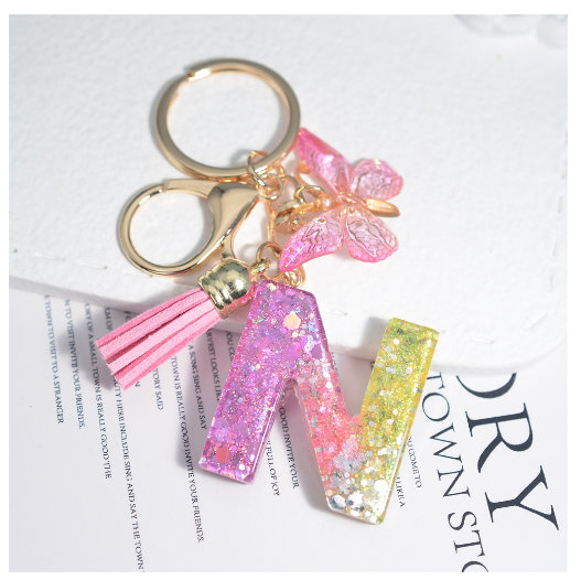Glitter Sequin Filled 26 Letter Keychain With Tassel Exquisite Butterfly A-Z Alphabet Keyrings Women Bag Pendant Ornaments Gifts N