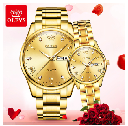 Olevs Couple Watch Waterproof Original Quartz Stainless Steel Luminous Calendar Fashion Leather Watch ALL GOLD