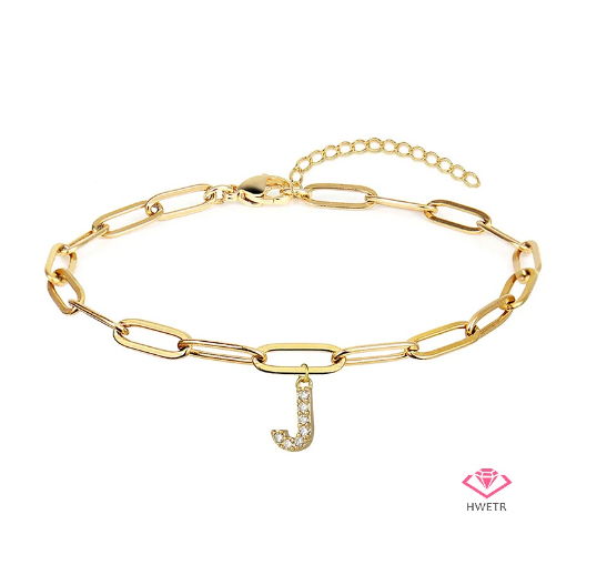 Hwetr Fashion 26 A-Z Initial Bracelet For Women Classic Zircon Letter Pendant Paper Clip Chain Bracelet Jewelry Accessories Gift J