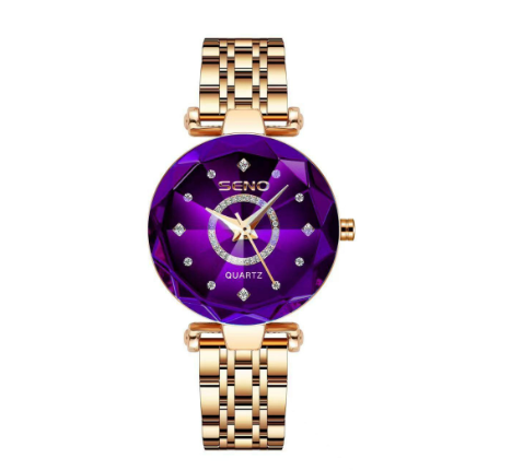 Seno Ocean Star Steel Band Women's Watch Fashion Crystal Ladies Quartz Wristwatch GOLD PURPLE