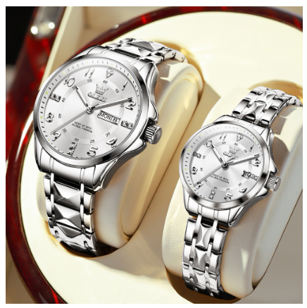 Olevs Couple Watch Waterproof Stainless Steel Box Gold Luxury Business Texture Luminous Watch WHITE DIAL SILVER CASE STRAP