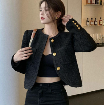 Coat Women's Single-Breasted Woolen 2021 New Black Short Round Neck Suit Top