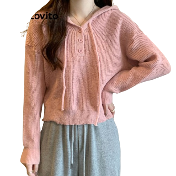 Lovito Women Drawstring Button Sweater LNA37144 (Pink)