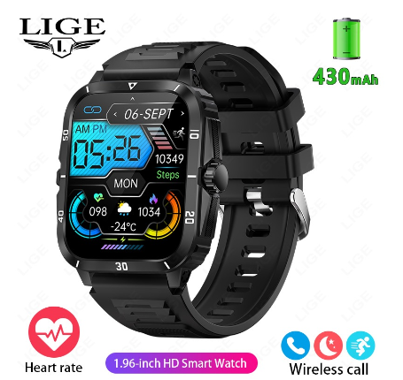 LIGE Original Smart Watch Men Full Touch HD Screen 600mAh Large Capacity Battery 100+ Sports Fitness WristWatch IP67 Waterproof Watch SILICONE BLACK