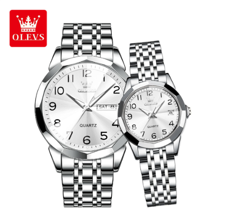 Olevs Couple Watch Original Waterproof Stainless Steel Strap Quartz Analog Watch for Couples Business Luminous Calendar Fashion Digital Man Women Watch WHITE DIAL SILVER CASE STRAP