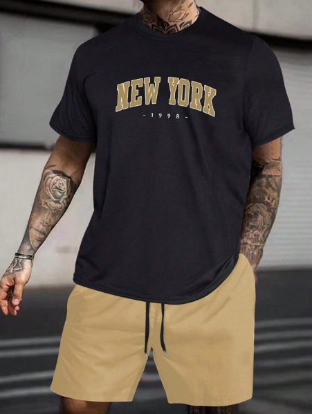 Manfinity Homme Men Plus Letter Graphic Tee & Drawstring Waist Shorts