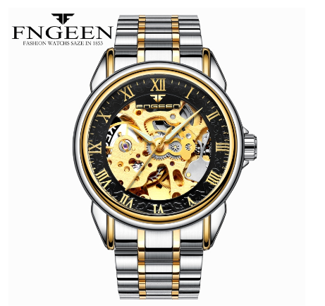 FNGEEN 8866 Men's Automatic Mechanical Watch SILVER GOLD BLACK