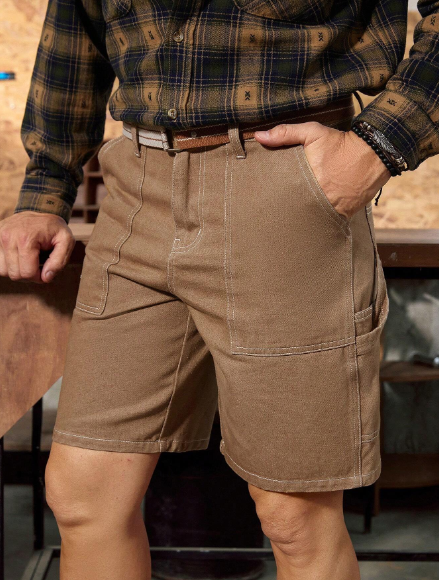 Manfinity RivetRise Men's American Style Casual Vintage Khaki Denim Loose Cargo Shorts, Woodworking Shorts