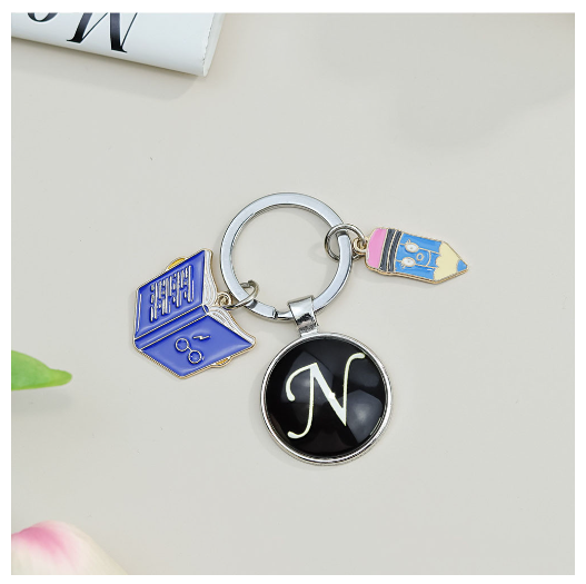 1Pcs Simple Glass 26 Letter Keychains Fashion Book Pencil A-Z Initials Keyrings Student Gifts Souvenir Handbag Pendant Ornament N