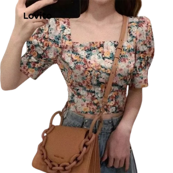 Lovito Casual Floral Tie Back Round Neck Short Sleeves Blouse for Women LNE05176 (Pink)