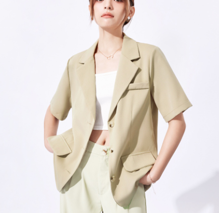 Elegant Plain Notched Collar Half Sleeve Button Korean Style Blazer for Women (Khaki)