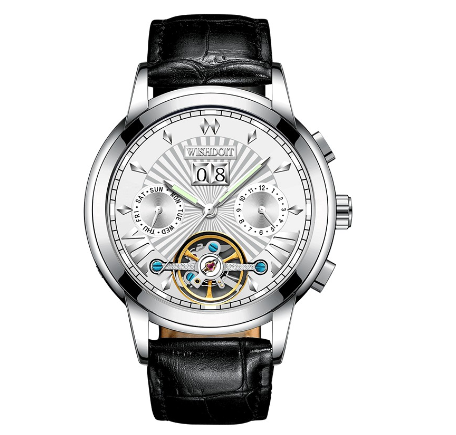 WISHDOIT Watch For Men Original Waterproof Leather Strap Business Fashion Luminous Automatic Mechanical Wristwatch SILVER WHITE