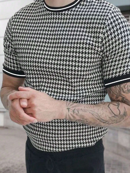Manfinity Homme Men T-Shirts Fit Crew Neck Short Sleeve Graphic Tee Houndstooth Korean Fashion Casual Summer Polyester
