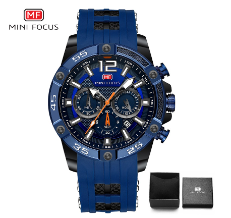 Mini Focus Watch Men Luminous Chronograph Waterproof Sports Silicone Analog Quartz Watch BLACK BLUE