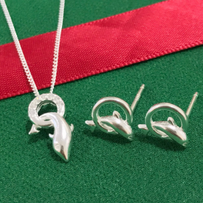 Silver Korean Jewelry Accessory Dolphin Necklace and Earrings
