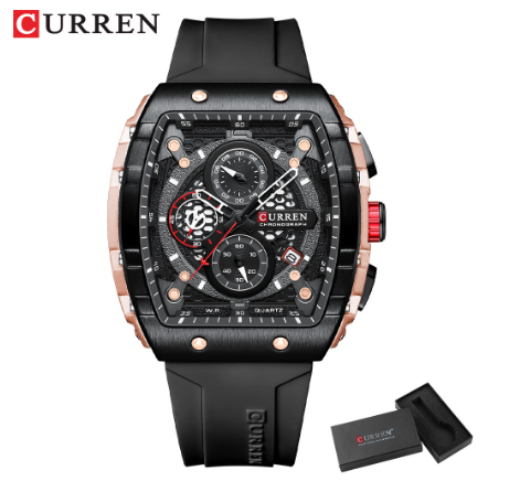 CURREN Original Brand Men's Watch Multifunctional Timing Luminous Silicone Waterproof Fashion Business Sports Quartz 8442 BLACK