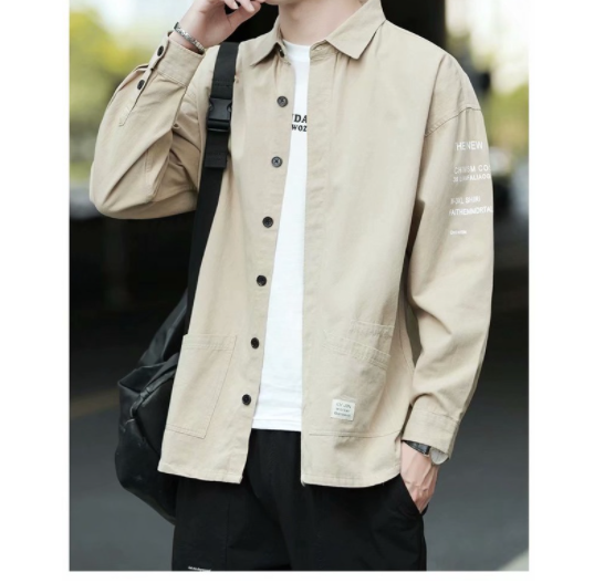 Men's Korean Style Letter Printed Pocket Shirt Lapel Collared Khaki Tooling Long Sleeve Shirt Fashion Casual All-match Loose Jacket Shirts Summer Man Polo Shirts Top M-3XL 4 Color