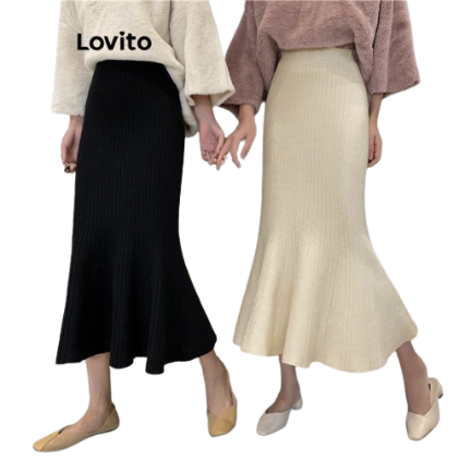 Lovito Casual Plain Basic Skirts for Women LNE16147 (Apricot/Black)