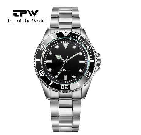 TPW Watch for Men Stainless Steel Strap Wristwatch Japanese Quartz Movement Watch SILVER BLACK