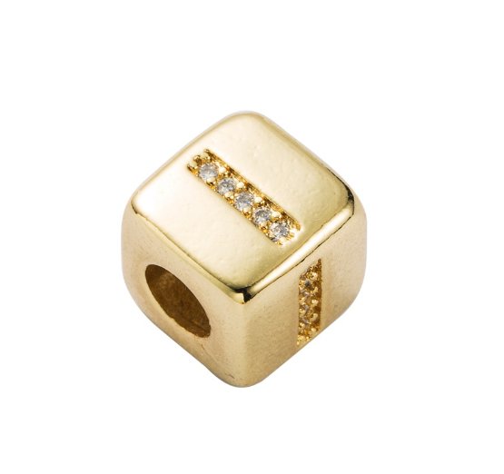 Gold Rhinestone Letters Cube Charm for Bracelet Necklace A-Z Alphabet Dice Beads I