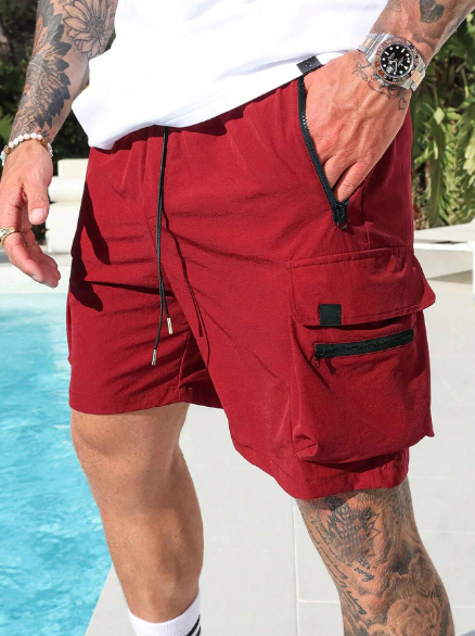 Manfinity Homme Men's Solid Color Drawstring Waist Cargo Shorts Plain Dark Red