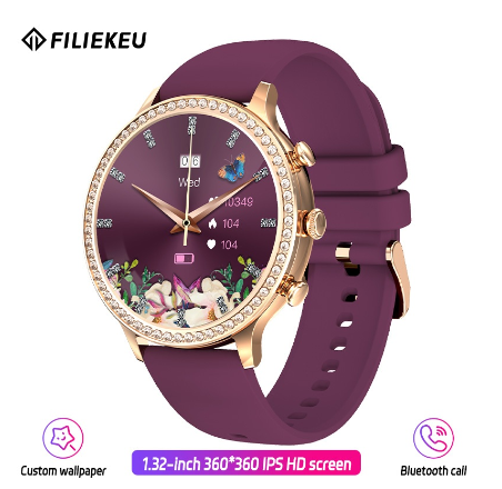 FILIEKEU Fashion Smart Watch For Women Round Delicate Diamond Dial Waterproof Sports Goddess Smartwatch WINE RED SILICONE STRAP