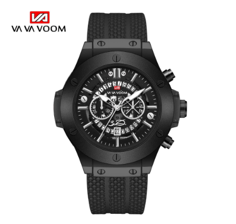 VA VA VOOM Men's Watch Top Brand Luxury Sports Wristwatch Silicone Strap Japanese Movement Calendar Quartz Waterproof Watch BLACK