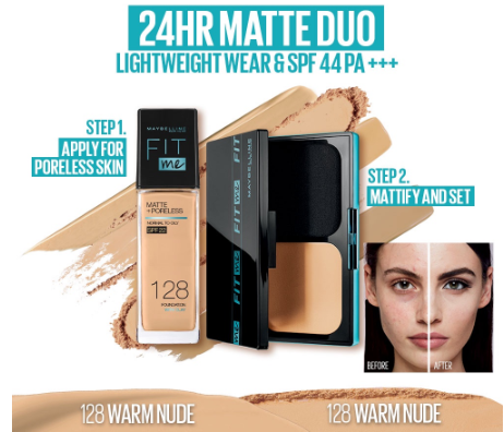 Maybelline Fit Me 24HR Matte Duo Makeup Set: Oil Control Liquid Foundation 30mL and Powder (Medium)