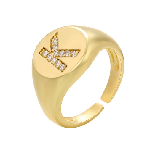 Maxzone A-Z Letter Hip Hop Gold Color Metal Finger Rings Adjustable Opening Ring Initials Name Alphabet Female Party Fashion Jewelry K