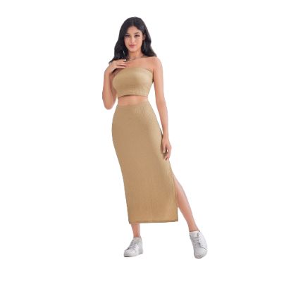 Lovito Women Split Front Skirt Set LBE03038 (Brown)