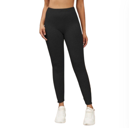 Lovito Casual Plain Frill Rib-Knit Slimming High Waist Leggings Gym Outfit for Women L17X285 (Light Gray/Black)