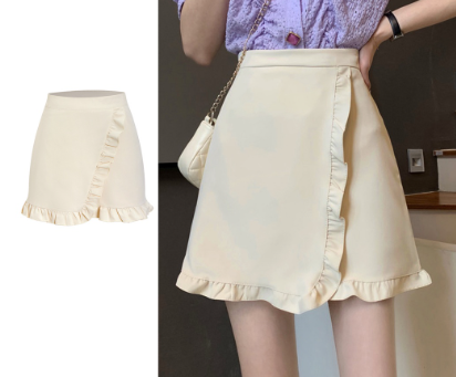 Lovito Women Casual Plain Lettuce Trim Skirt L71ED095 Apricot