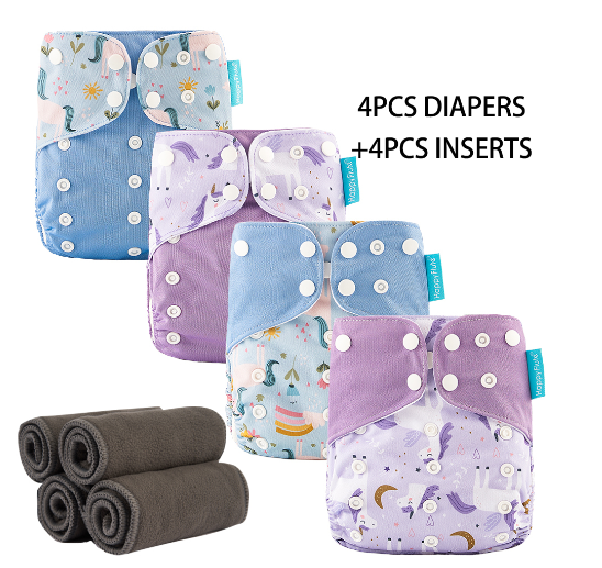 HappyFlute Baby Ecological Cloth Diapers Adjustable Washable Reusable Cloth Nappy For Baby Girls and Boys 4pcsDiaper+4pcs Inserts Set 1
