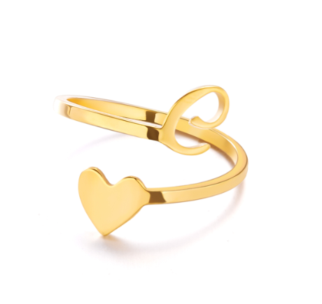 Gold Stainless Steel A-Z Rings Initial Letters Heart Rings Women Fashion Non Fading Jewelry Adjustable C
